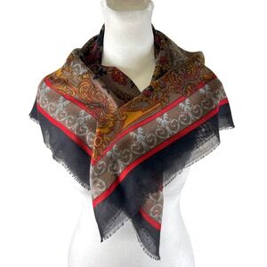 Vtg Versatile Floral Paisley Italian Scarf Brown Red Gold‎ Square Neck Head Wrap